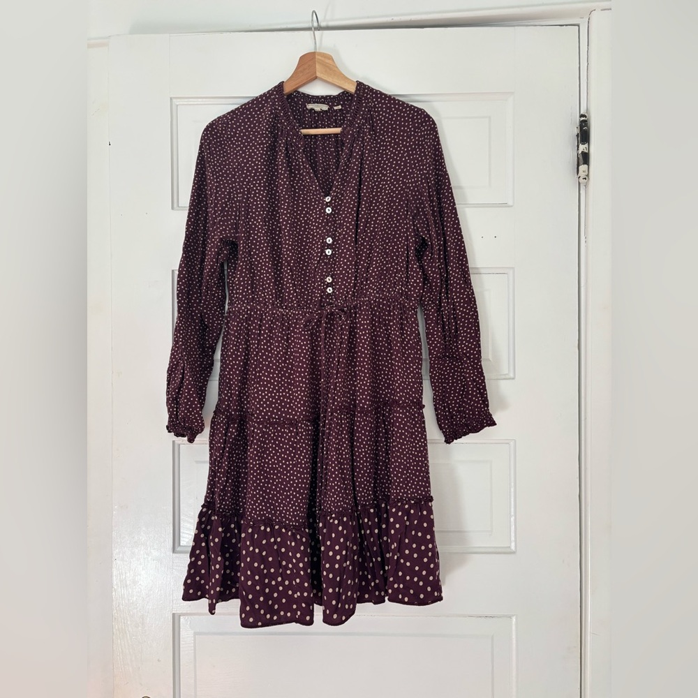 Fat Face UK burgundy long sleeve polka dot dress with drawstring waist